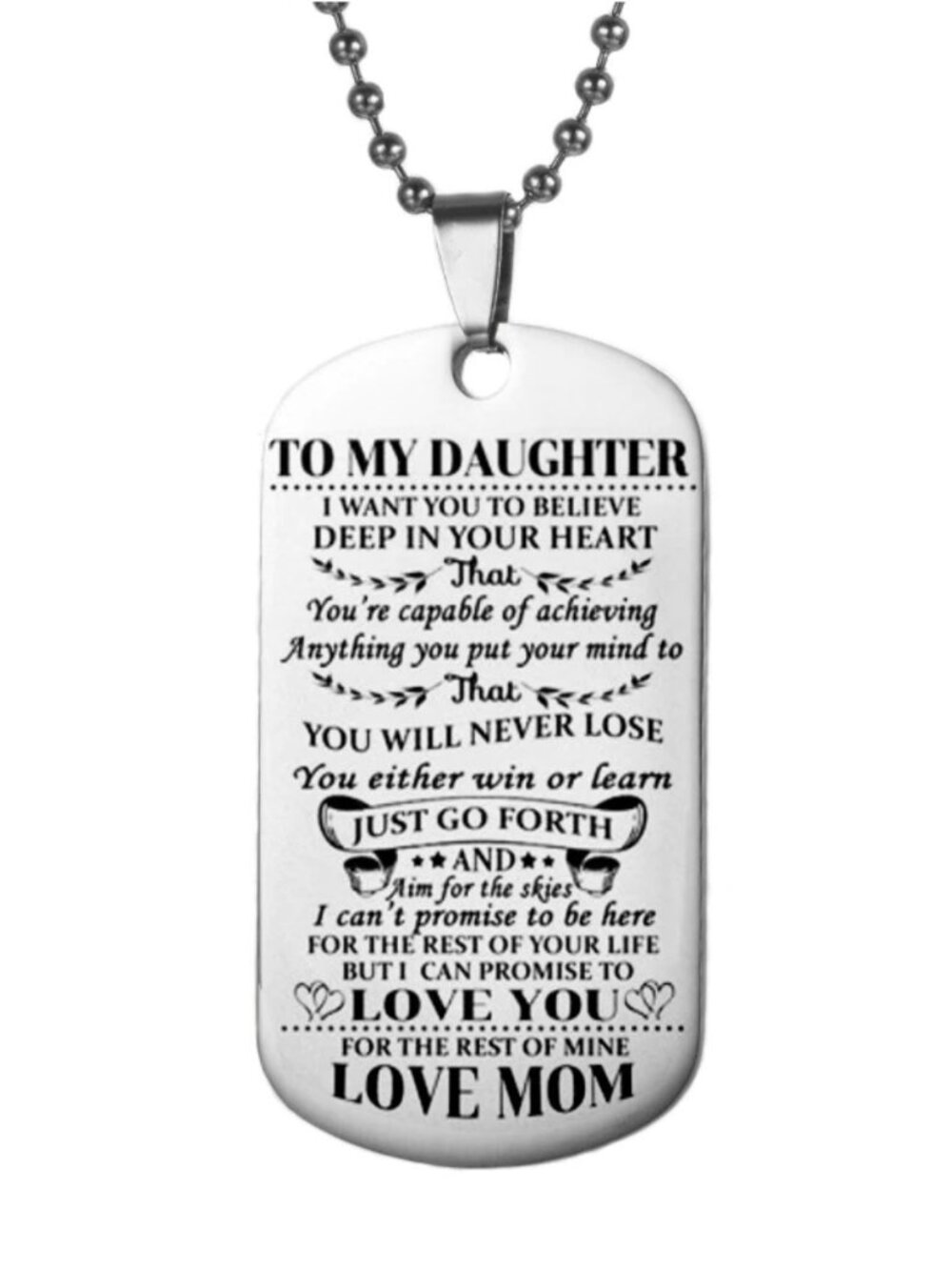 To Daughter From Mom Appreciation Silver Engraved Dog Tag Necklace